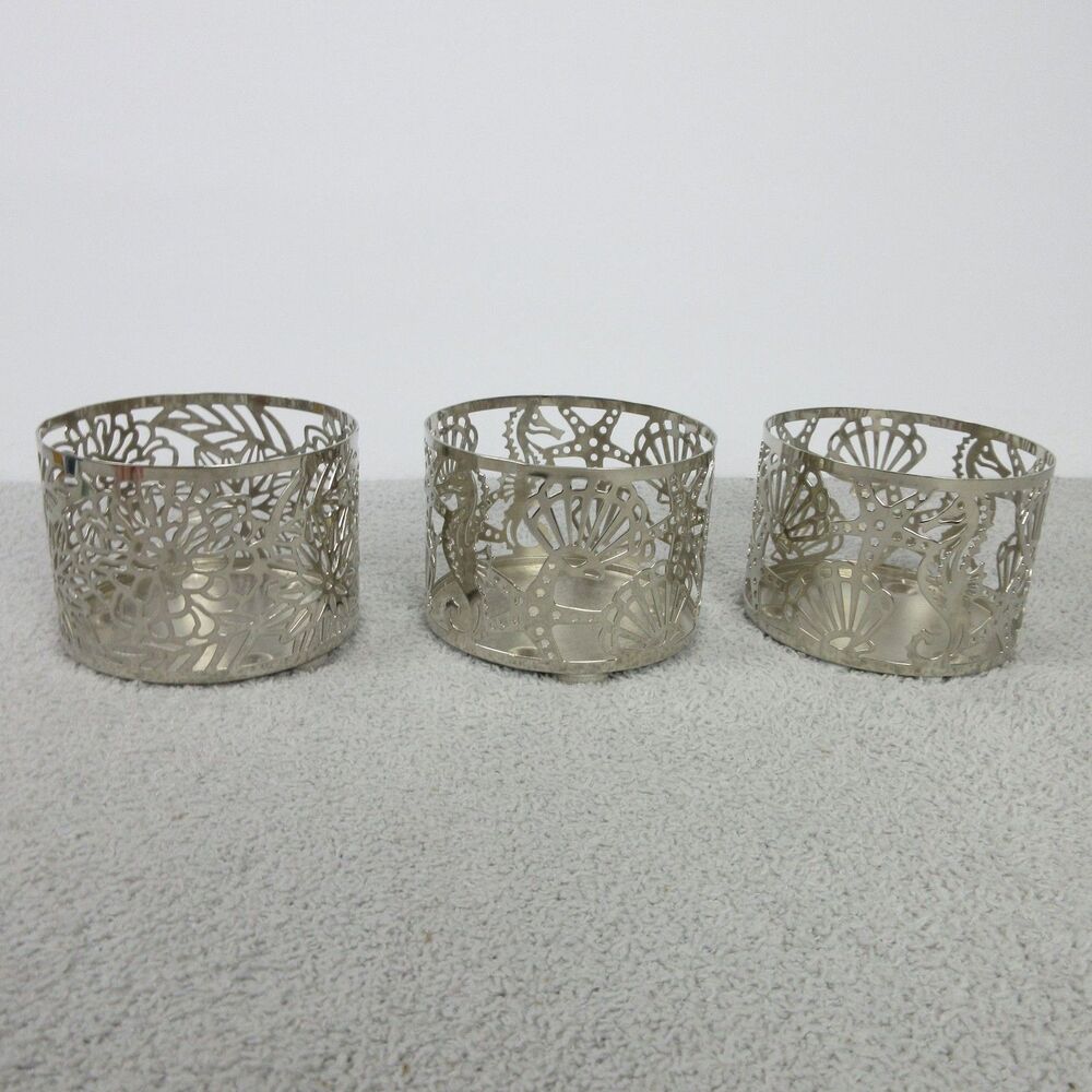 Williams-Sonoma Metal 3-Wick Candle Holders Set 3 Silver Cutout Sea Floral